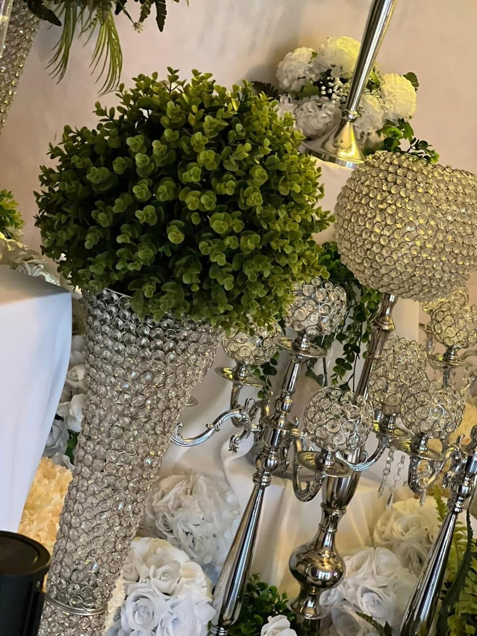Crystal candelabras and greenery styled at Sonora Events Venue in Tucson